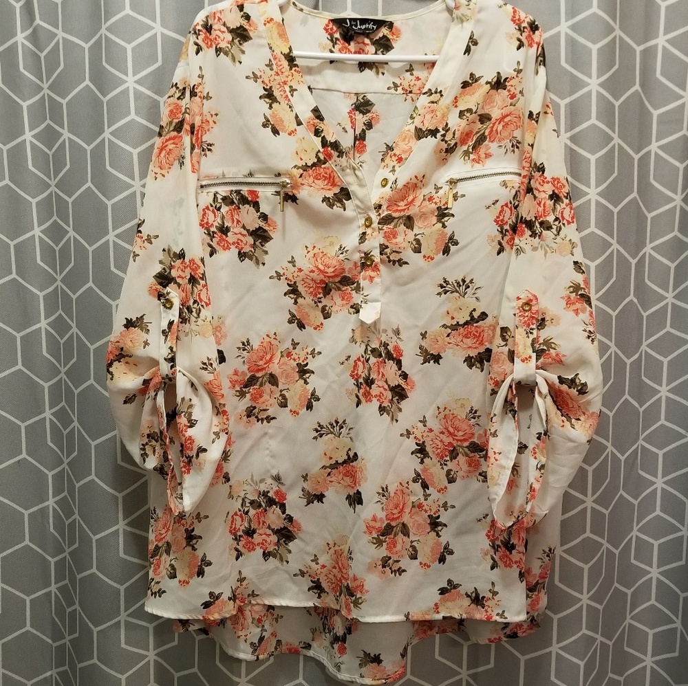 White Floral Blouse With Roll Tab Sleeves